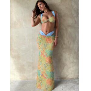 3 pieces bikini + match long skirt Swimwear Bathing Suit print see through